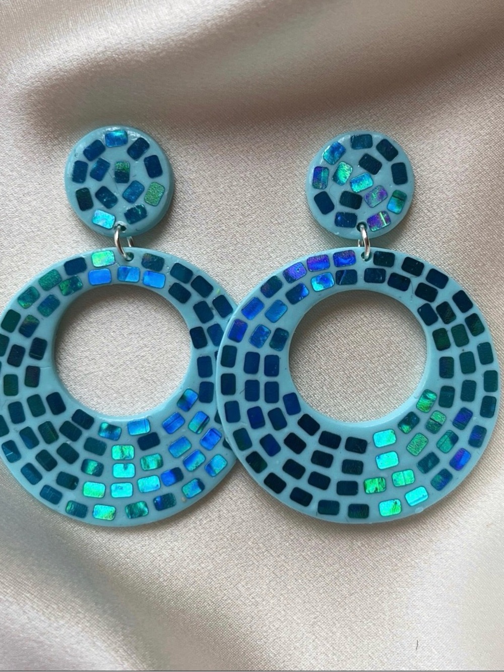 Holographic Mosaic Hoop Drop Earrings - Iridescent Blue Sparkly Disco
